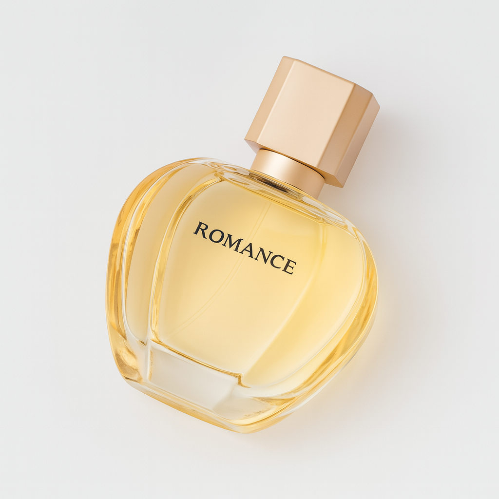 Ein stilvoll abgewinkeltes Parfumflakon mit der Aufschrift „ROMANCE“, gefüllt mit goldenem Duft, steht auf einem neutralen weißen Hintergrund und wirft einen sanften Schatten – das goldfarbene Design und der schlichte Schriftzug unterstreichen eine elegante Präsentation.