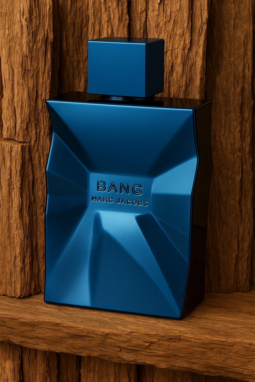 Marc Jacobs Bang Flakon steht auf einer Holzablage. Im Hintergrund ist eine Wand aus Holz.