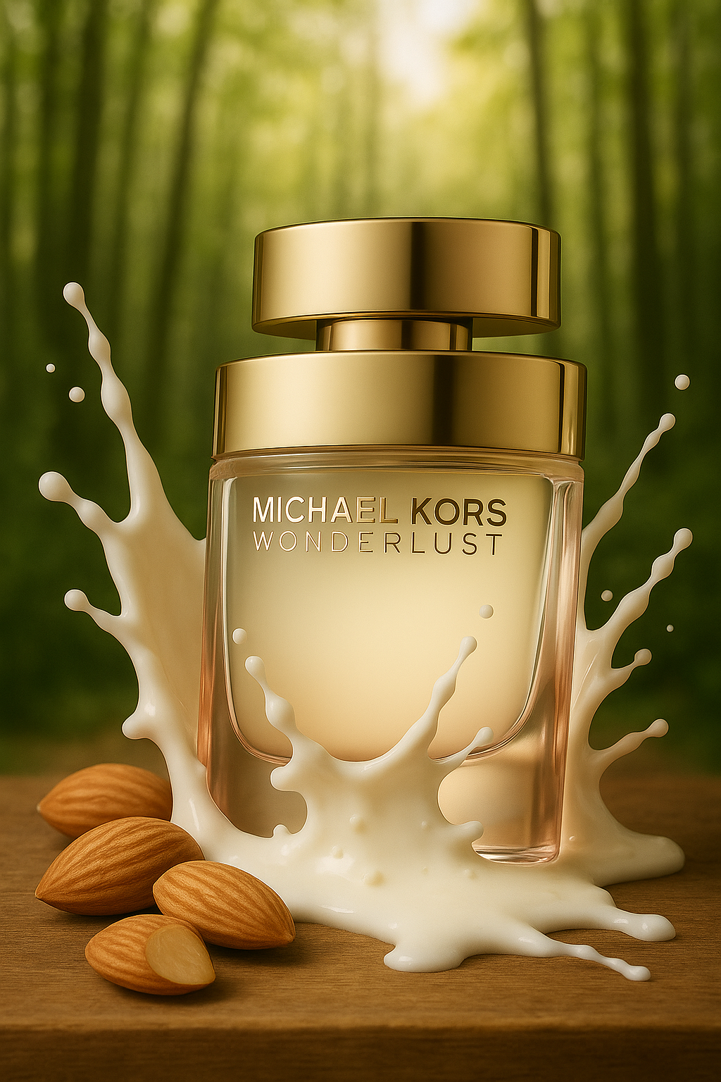 Ein stilisiertes Parfümflakon von Michael Kors Wonderlust steht auf einem hölzernen Untergrund in einem Waldambiente. Das elegante Flakon mit goldenem Deckel wird von einer dynamischen Milchspritzer-Inszenierung umrahmt, aus der mehrere Mandeln hervorragen. Die Szene vermittelt einen sinnlichen, natürlichen Eindruck mit cremigen und nussigen Duftassoziationen.