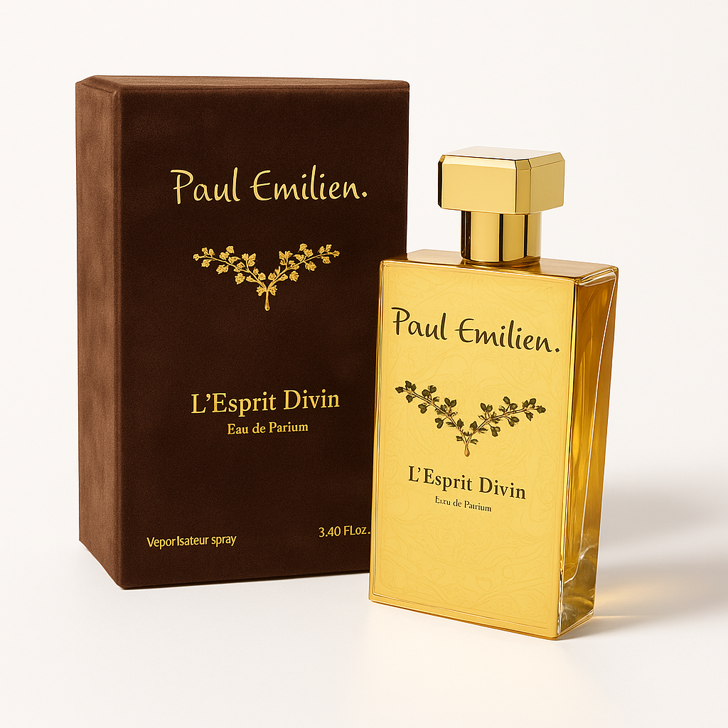 Paul Emilien L'Esprit Flakon und Verpackung stehen nebeneinander auf weißem Hintergrund.