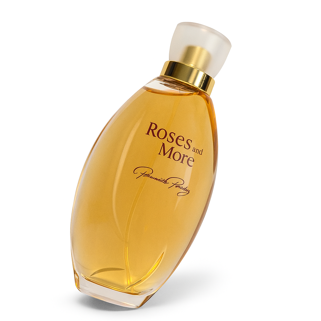 Priscilla Presley Roses and More FLakon, leicht gekippt, auf weißem Hintergrund.