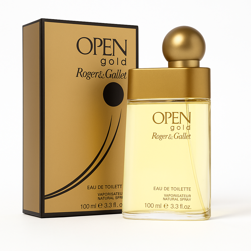 Ein Produktfoto zeigt den Flakon von Roger & Gallet Open Gold Eau de Toilette (100 ml) neben seiner goldenen Verpackung. Der elegante Flakon ist rechteckig mit abgerundeten Ecken, goldenem Verschluss und transparenter, goldgelber Flüssigkeit. Die Verpackung ist farblich abgestimmt in Gold mit schwarzem Design auf weißem Hintergrund.