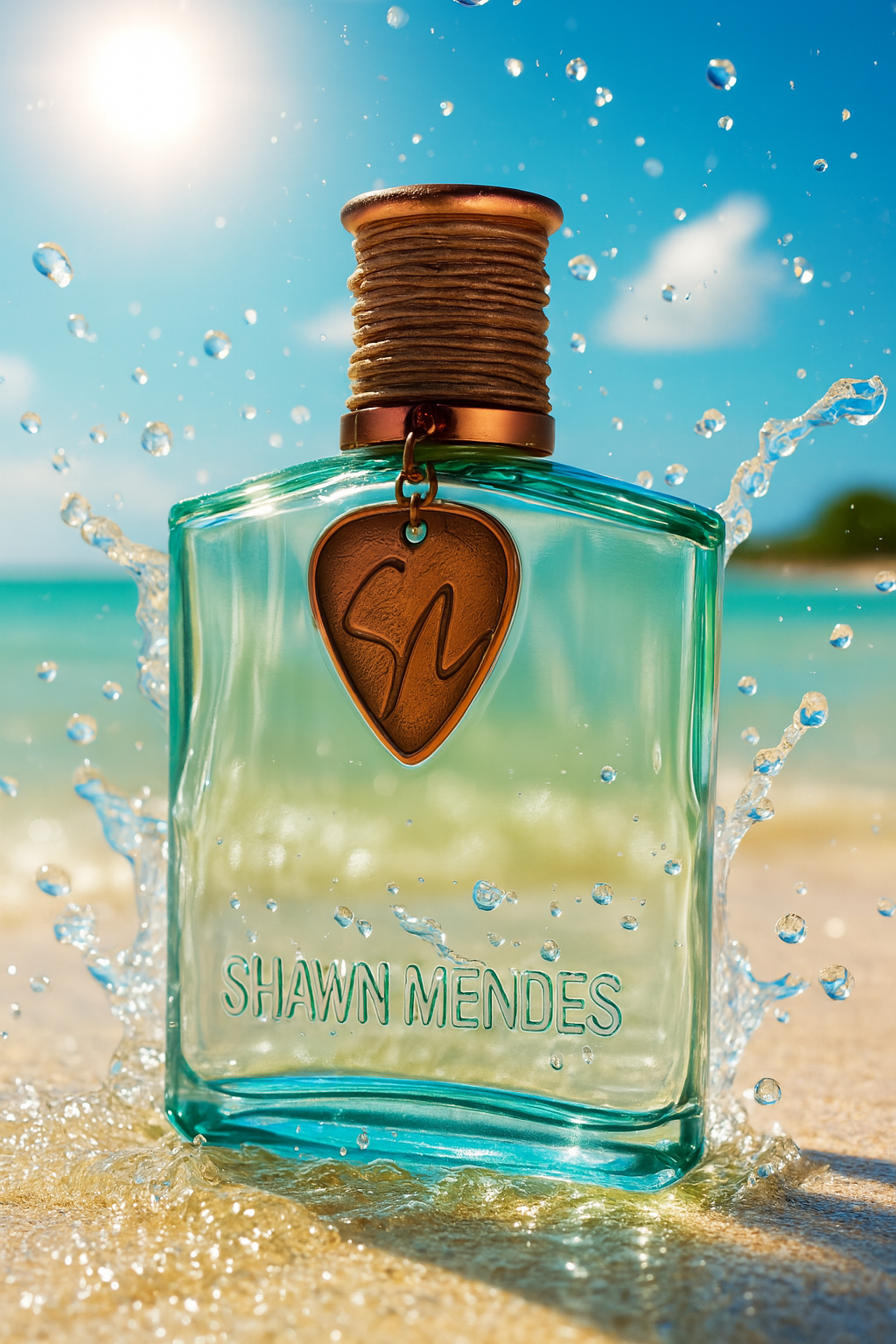Shawn Mendes Signature Flakon mit Wasserspritzern auf Sand mit einem Strand im Hintergrund.
