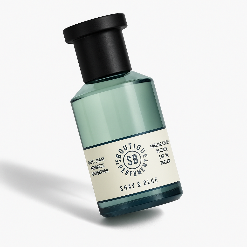 Leicht gekipptes Shay and Blue Flakon auf weißem Hintergrund.