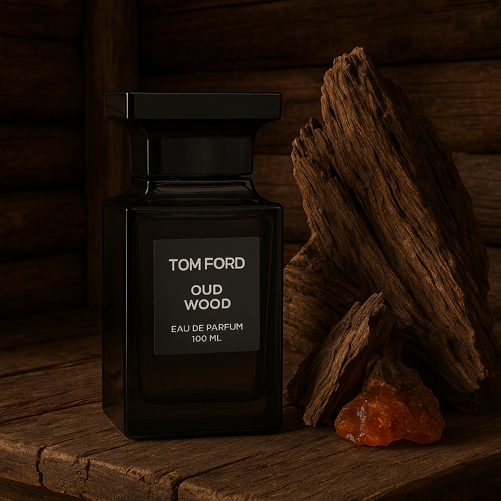 Tom Ford Oud Wood Flakon, auf einer Holzfläche. Auf der rechten Seite liegen große Holzstücke und ein kleines unebenes Stück Bernstein. Der Hintergrund ist eine Eckwand einer Holzhütte.