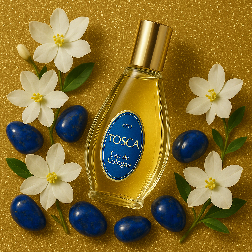 Ein schräg liegendes, tropfenförmiges Flakon des "Tosca Eau de Cologne" mit goldener Verschlusskappe liegt auf einem goldfarbenen, glitzernden Untergrund. Das Etikett auf der Vorderseite ist oval und blau mit weißer Schrift. Um das Flakon sind weiße Blüten mit gelben Staubgefäßen und glänzende, blaue Steine dekorativ arrangiert. Die Szene wirkt elegant und nostalgisch.