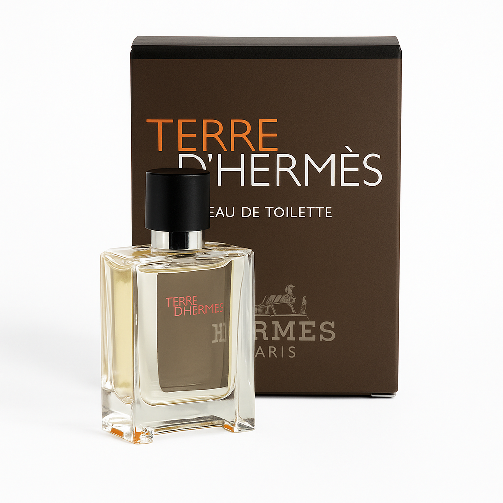 Terre d'Hermes Flakon und Verpackung auf weißem Hintergrund.