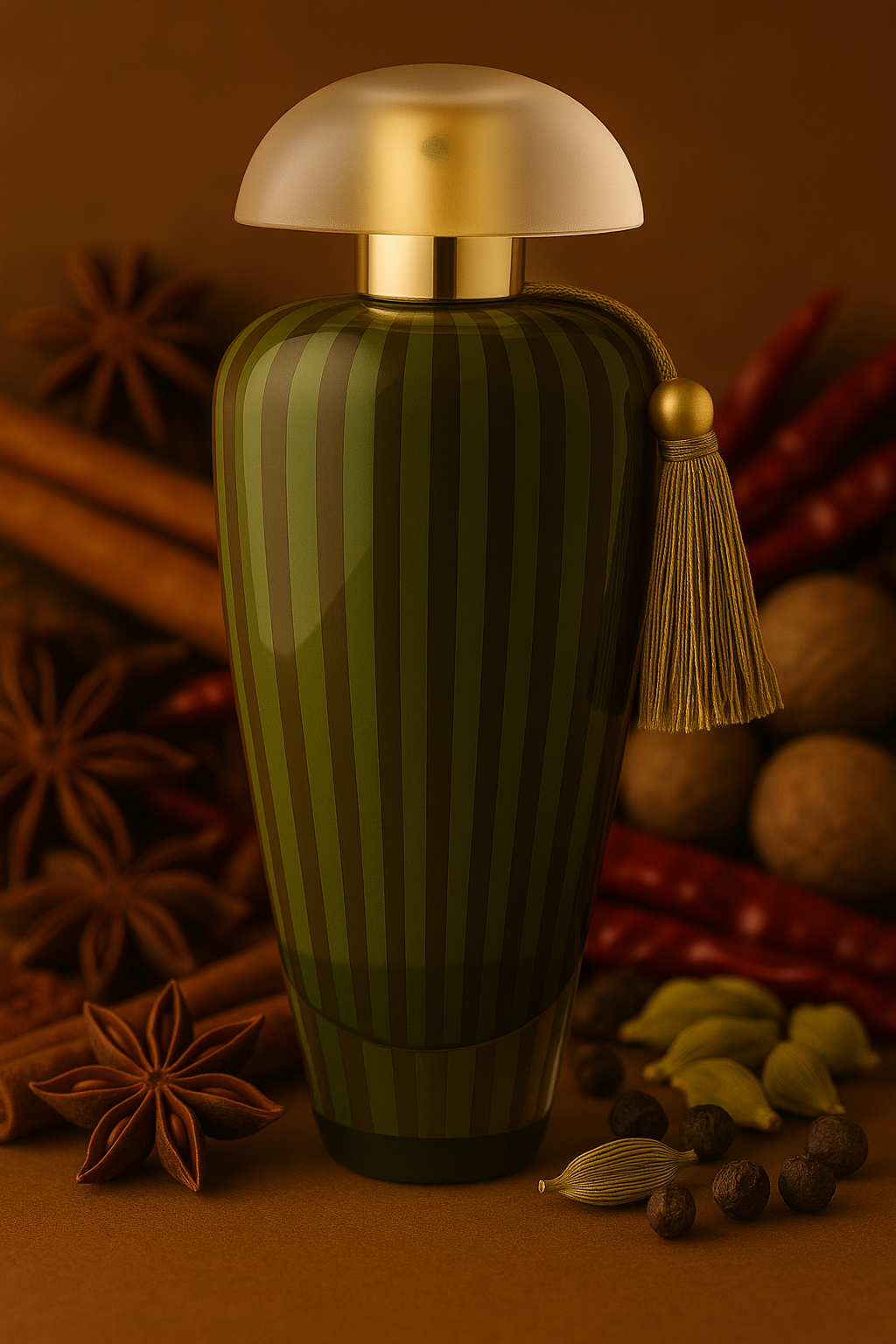 The Merchant of Venice Asian Inspiration Flakon, umgeben von Gewürzen in einem warmen Farbton.