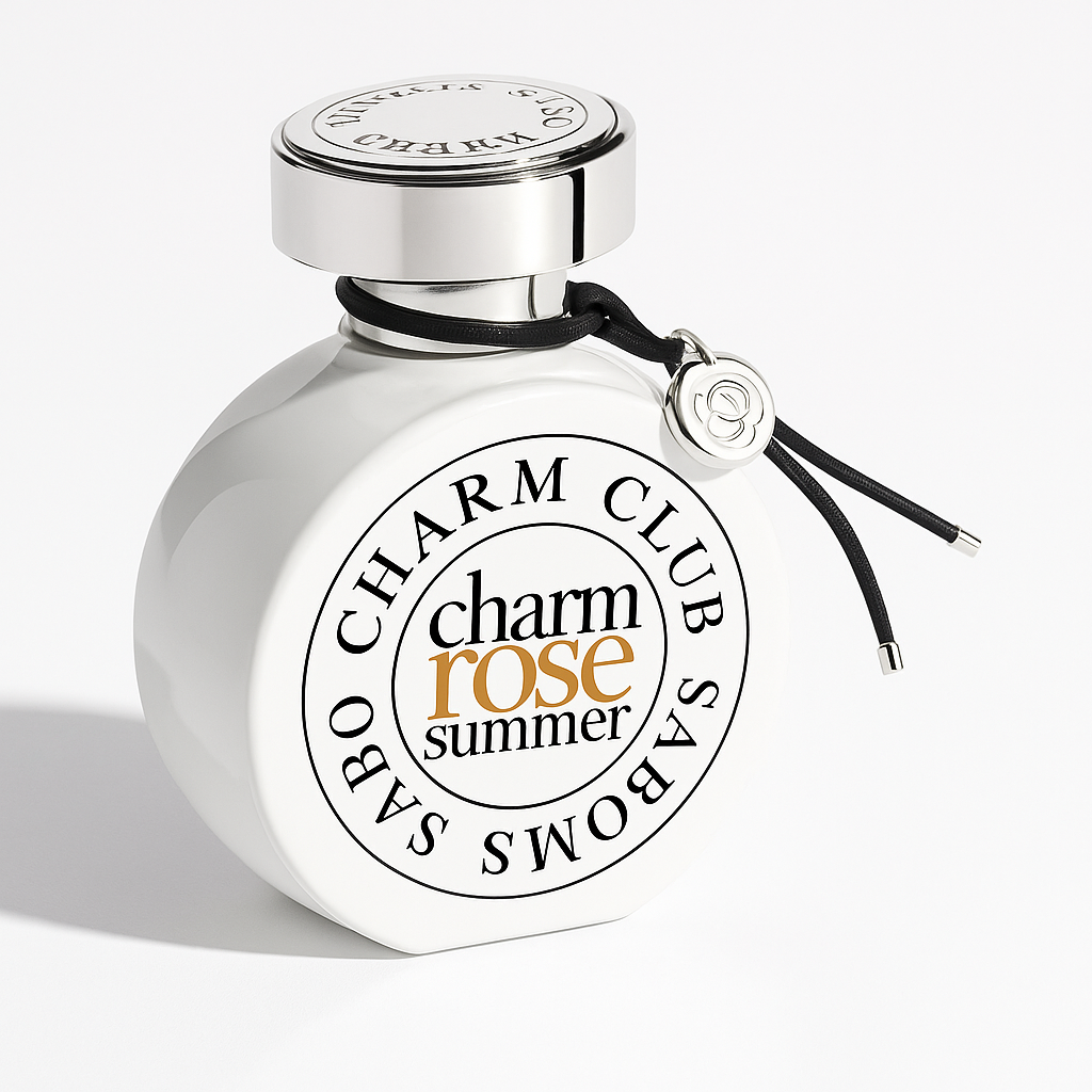 Weißes, rundes Thomas Sabo Charm Rose Summer Flakon mit silbernem Deckel auf weißem Hintergrund.