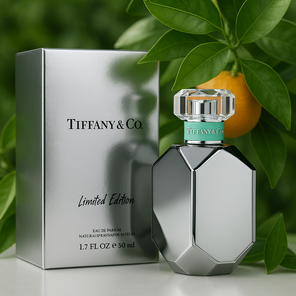 Tiffany & Co. Limited Edition Flakon und Verpackung mit einem Hintergrund aus Organgenblättern und einer Orange.