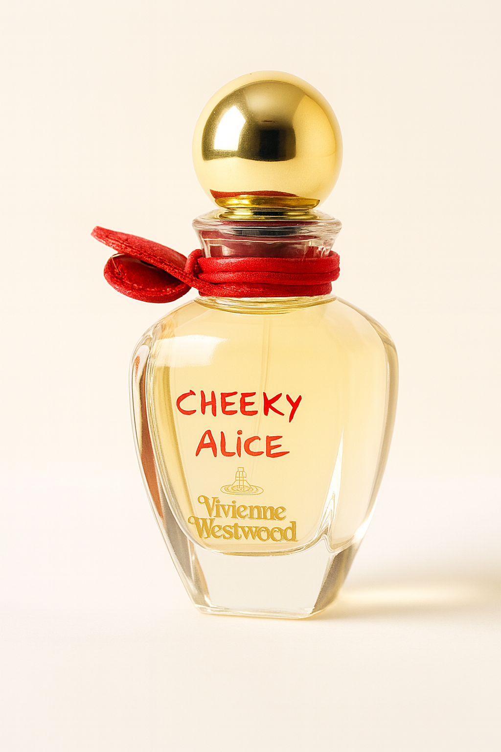 Eine hochwertige Nahaufnahme zeigt das Parfum "Cheeky Alice" von Vivienne Westwood. Das elegant geschwungene Glasflakon enthält eine helle, goldene Flüssigkeit und trägt eine rote Aufschrift sowie das goldene Markenlogo. Der Flakon ist mit einem glänzenden goldenen Kugelverschluss versehen und wird von einem roten Lederband am Hals geziert. Das Produkt steht leicht geneigt auf einem neutralen, hellen Hintergrund mit weichem Schatten.