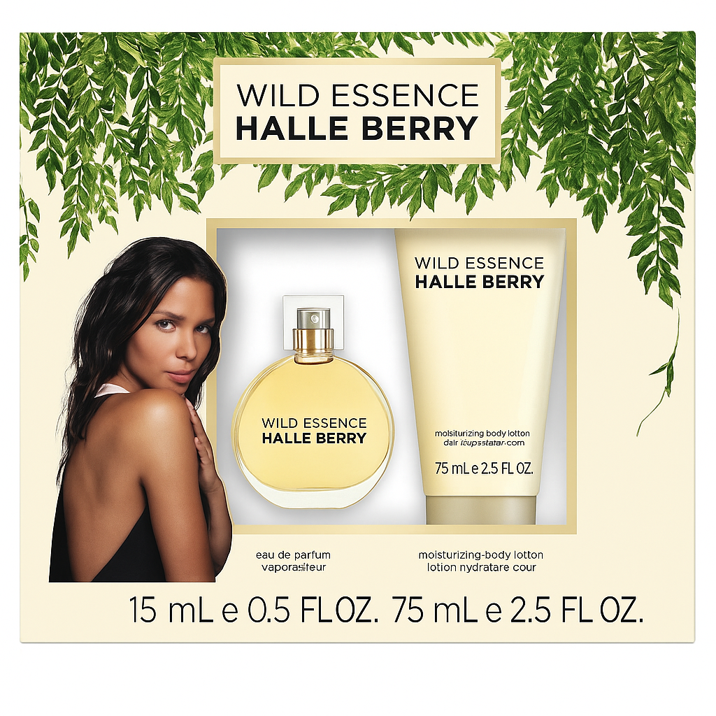 Wild Esence Halle Berry Verpackungs-Set mit Flakon und Bodylotion auf weißem Hintergrund
