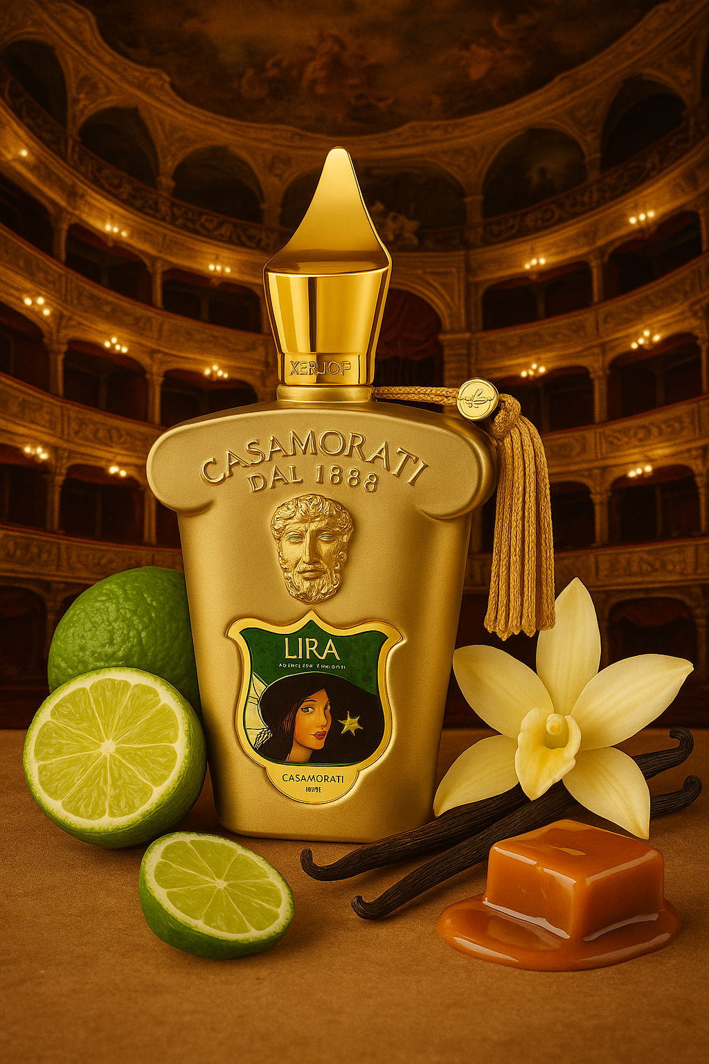 Casamorati Lira Flakon, umgeben von Limetten, Vanilleblüten und inem schmelzenden Karamellwürfel. Im Hintergrund befindet sich ein italienisches Theater.