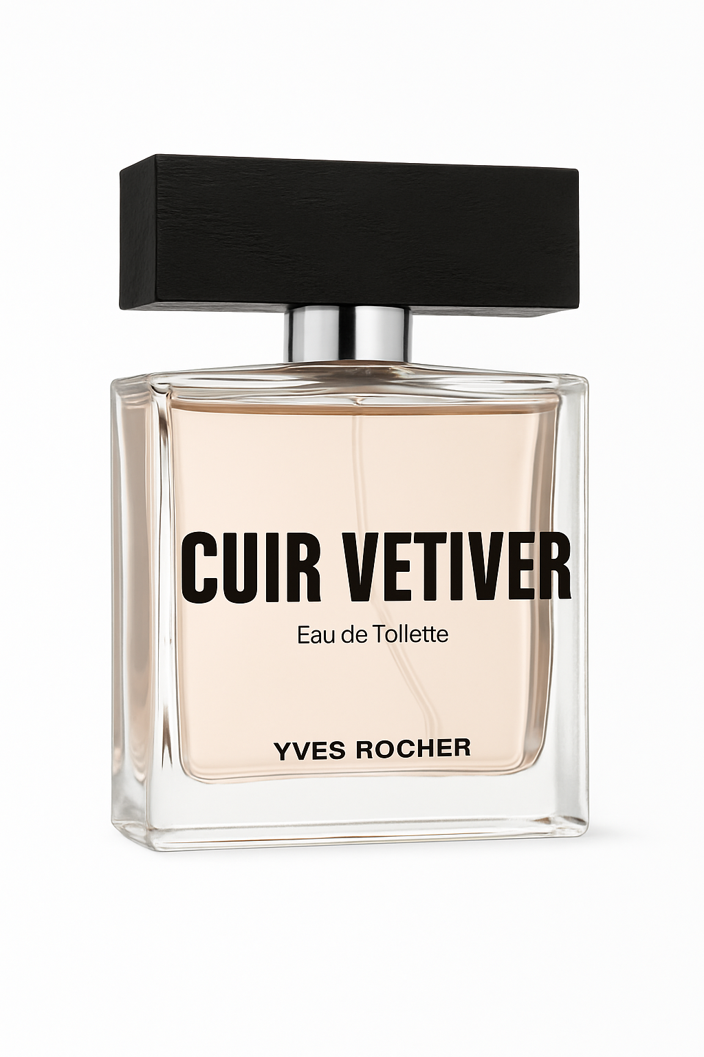 Yves Rocher Cuir Vetiver Flakon auf weißem Hintergrund.