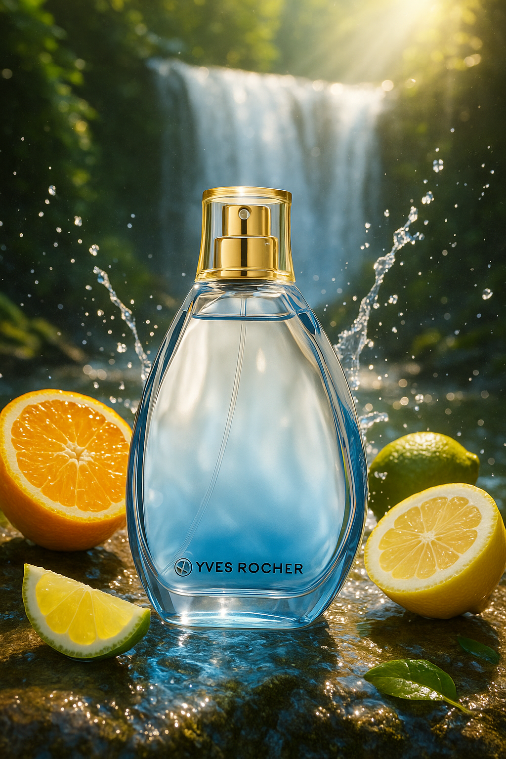 Yves Rocher Flakon ist umgeben von Zitrusfrüchten. Im Hintergrund ist ein Wasserfall auf den Sonnenstrahlen fallen.