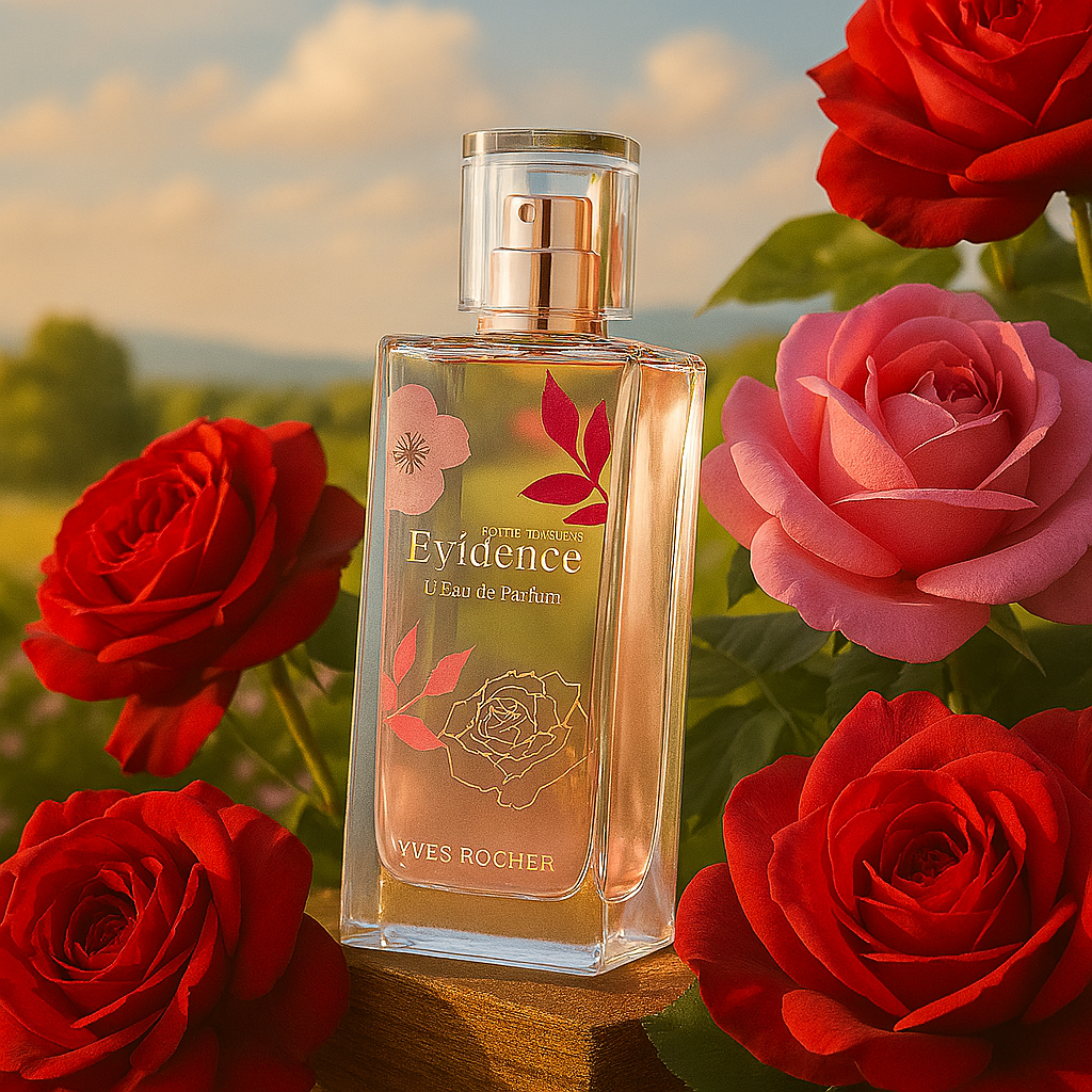Ein Parfümflakon von Yves Rocher „Comme une Evidence“ steht leicht zur Seite gedreht auf einer Holzfläche. Umgeben ist es von üppigen roten und rosa Rosen, im Hintergrund eine sanfte, grüne Hügellandschaft bei mildem, sonnigem Wetter mit blauen Himmel und vereinzelten Wolken.