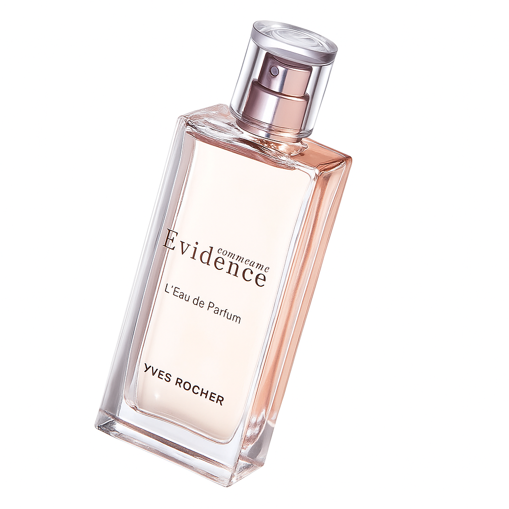 Yves Rocher Comme un Evidence Flakon ist leicht gekippt auf weißem Hintergrund.