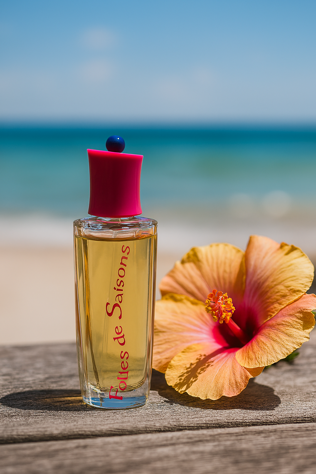 Ein eleganter, transparenter Glasflakon mit goldenem Duftinhalt und pinkem Verschluss steht auf einem sandigen Untergrund vor einem verschwommenen, sonnigen Sommerhintergrund mit warmen Farben. Der Flakon ist schlicht, ohne sichtbare Beschriftung, und strahlt eine sommerliche Leichtigkeit aus.