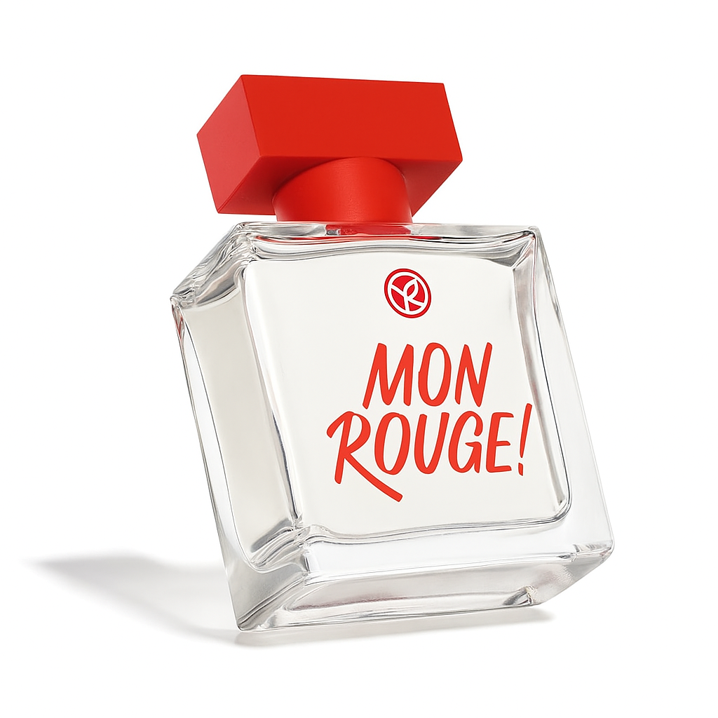 Yves Rocher MON ROUGE FLakon, leicht nach hinten gekippt, auf weißem Hintergrund.