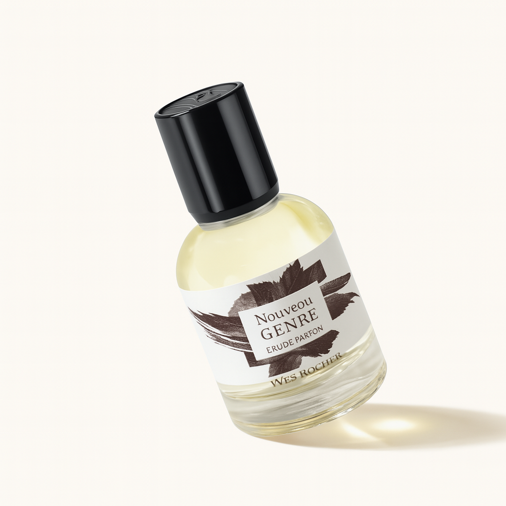Ein Yves Rocher Nouveau Genre Eau de Parfum Flakon steht leicht schräg mit sichtbarer Vorderseite und wirft einen weichen, natürlichen Schatten auf neutralem Hintergrund.