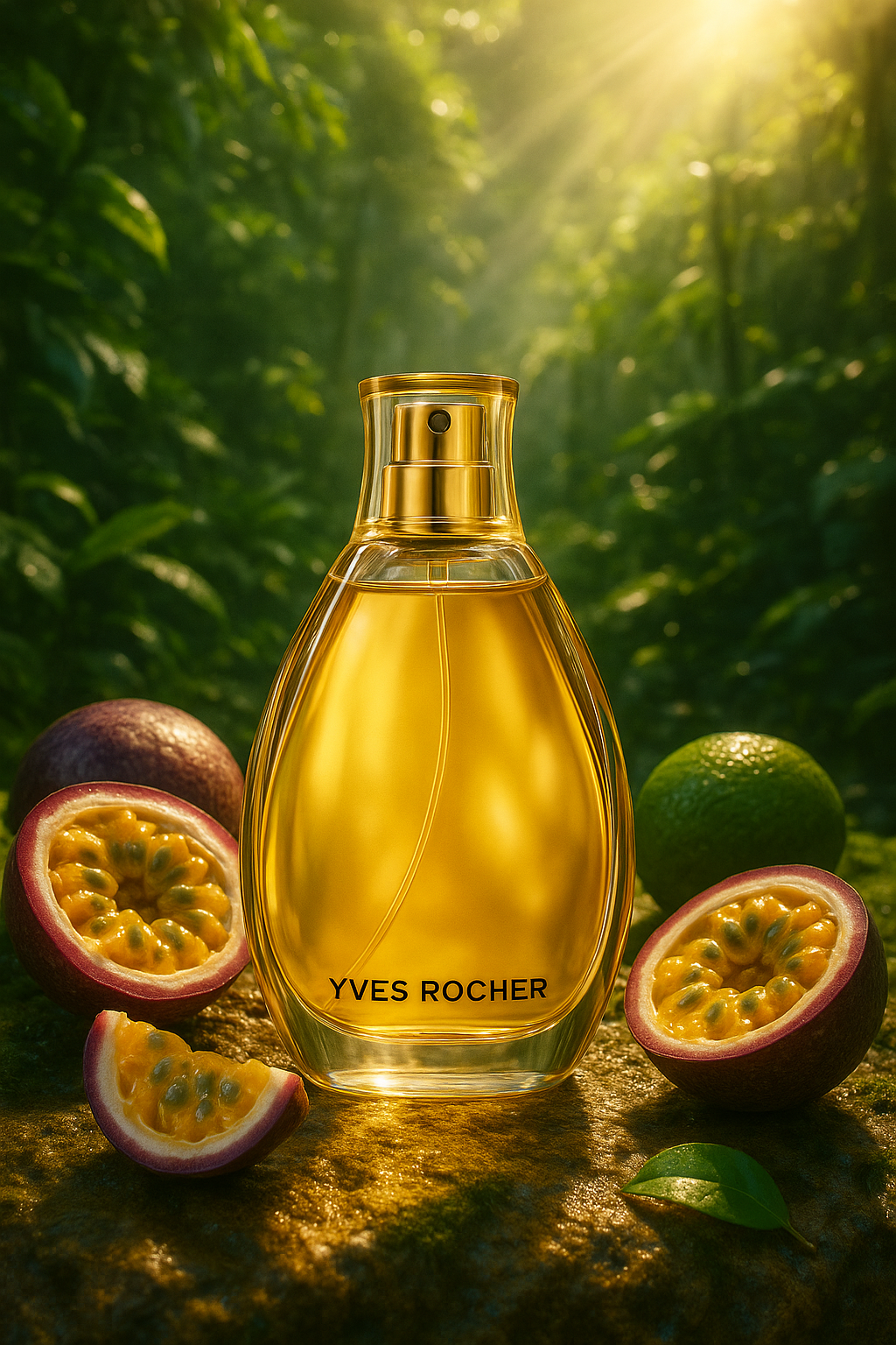 Ein elegant geschwungener Yves Rocher Flakon mit goldgelber Flüssigkeit steht im Fokus eines tropischen Dschungel-Settings. Sonnenstrahlen brechen durch das dichte Blätterdach und beleuchten das Parfum. Umgeben ist der Flakon von aufgeschnittenen Maracujas und einer Limette, die die fruchtige, exotische Duftnote des Parfums unterstreichen. Die Aufschrift „Yves Rocher“ ist klar sichtbar auf der Vorderseite des Flakons.