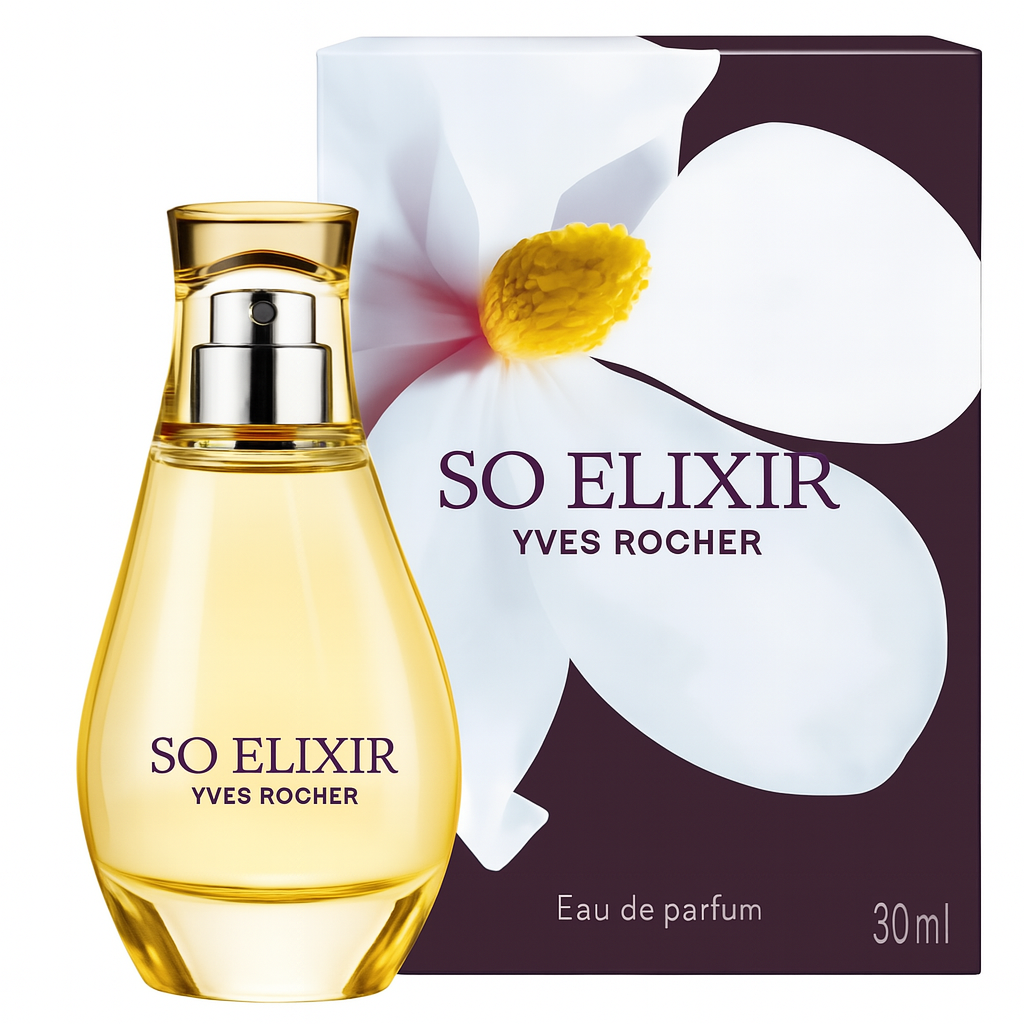 Yves Rocher So Elixir Eau de Parfum Flakon steht links vor der Verpackung auf weißem Hintergrund.