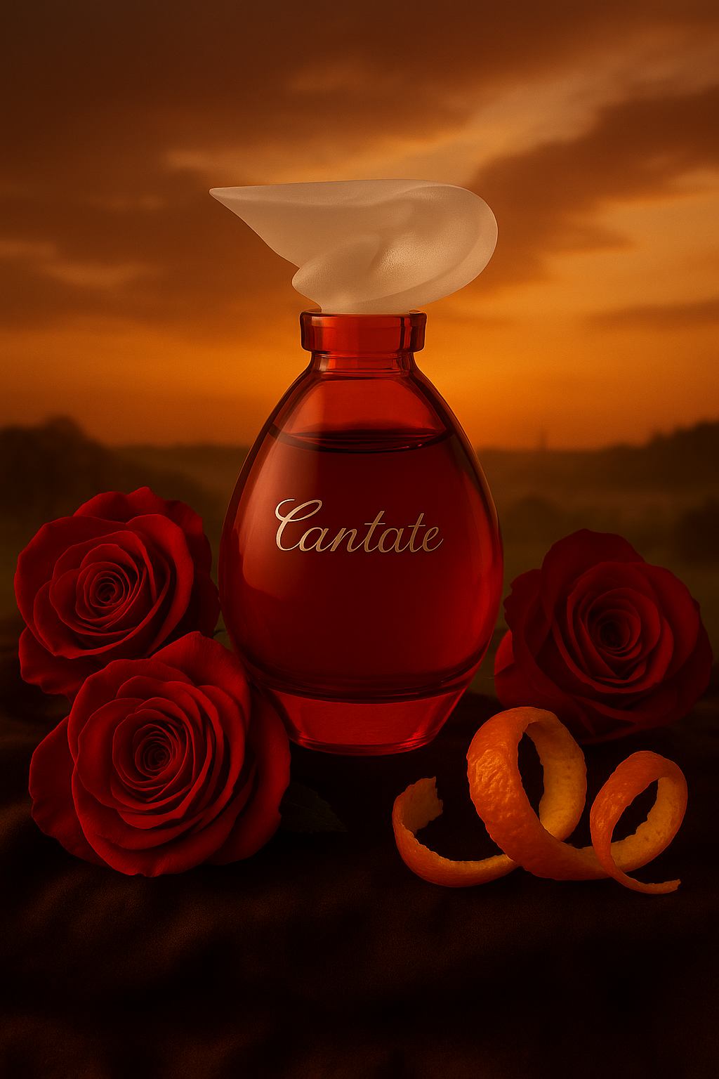 Ein elegant inszeniertes Parfumflakon des Duftes „Cantate“ von Yves Rocher steht im Mittelpunkt des Bildes, umgeben von drei tiefroten Rosen und Orangenschalen auf einem dunklen, samtigen Untergrund. Der Flakon ist bauchig, aus rotem Glas mit goldener Schrift und besitzt einen kunstvoll geschwungenen, milchig-weißen Verschluss. Im Hintergrund erstreckt sich eine warme, stimmungsvolle Landschaft bei Sonnenuntergang mit orangem Himmel und weichen Silhouetten von Hügeln.