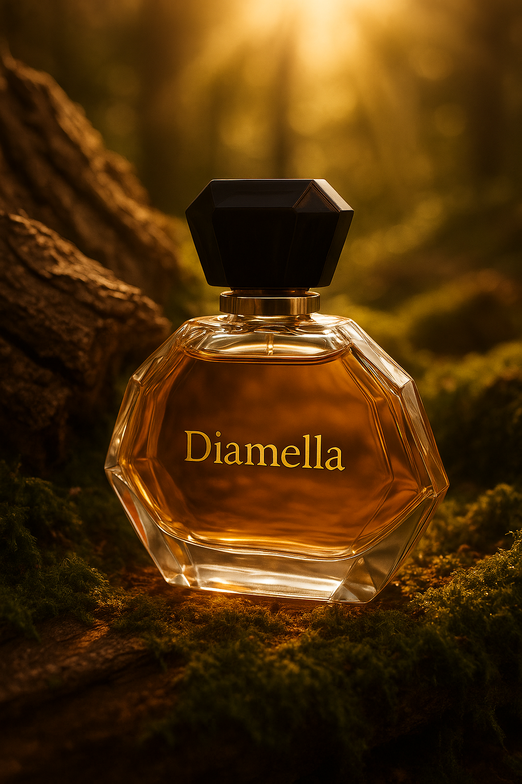 Yves Rocher Diamella Flakon steht auf mooßbewachsenes Holz. Warme Sonnenstrahlen erleuchten einen Wald im Hintergrund.