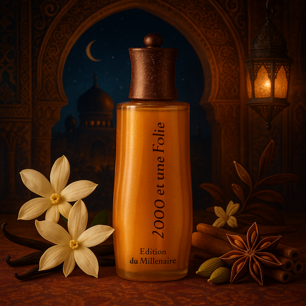 Ein goldenes Parfumflakon „2000 et une Folies – Édition du Millénaire“ steht auf orientalisch gemustertem Untergrund. Umgeben ist es von Vanilleblüten, Sternanis, Kardamom und Zimtstangen. Im Hintergrund leuchten arabische Laternen vor einer Kulisse mit runden Kuppeln unter einem nächtlichen Himmel mit Sichelmond.