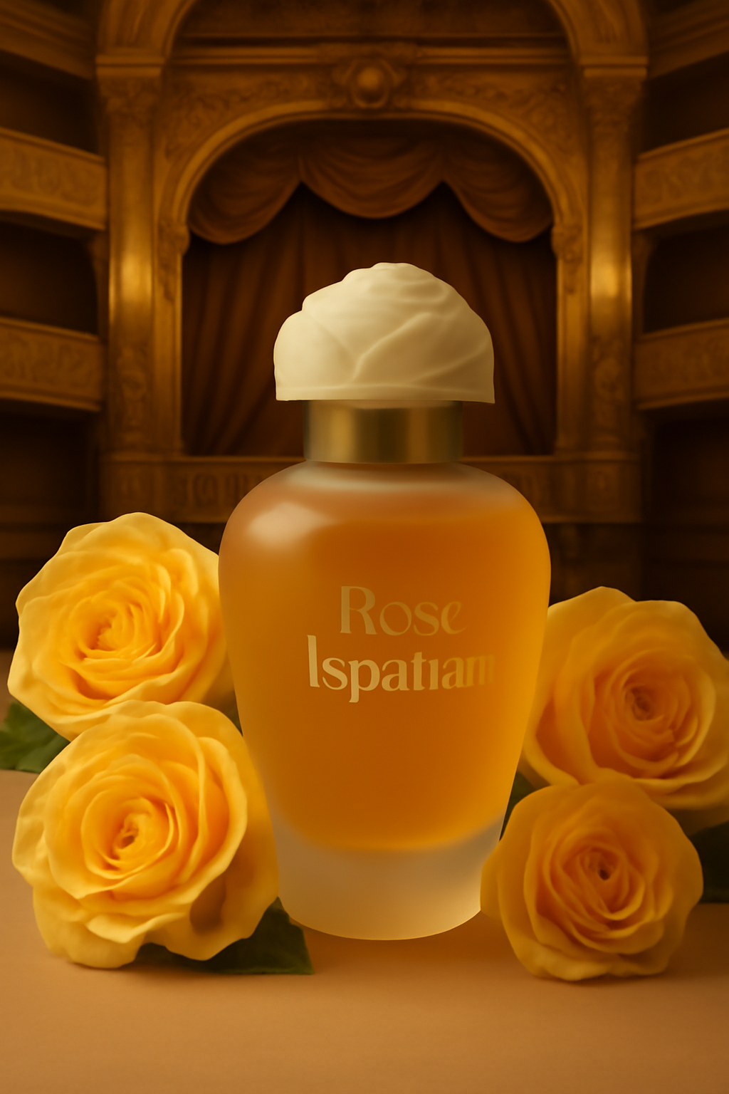 Yves Rocher Ispahan Rose 60ml Eau de Toilette Flakon umgeben von gelben Rosen und einem Theater im Hintergrund.