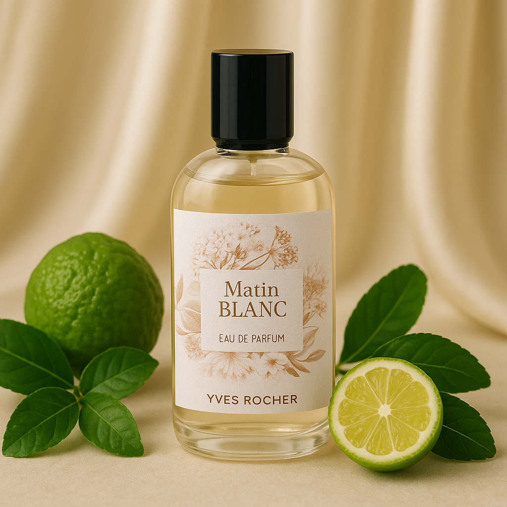 Yves Rocher Matin Blac Flakon, umgeben von Bergamotten und einem seidenen Vorhang im Hintergrund.