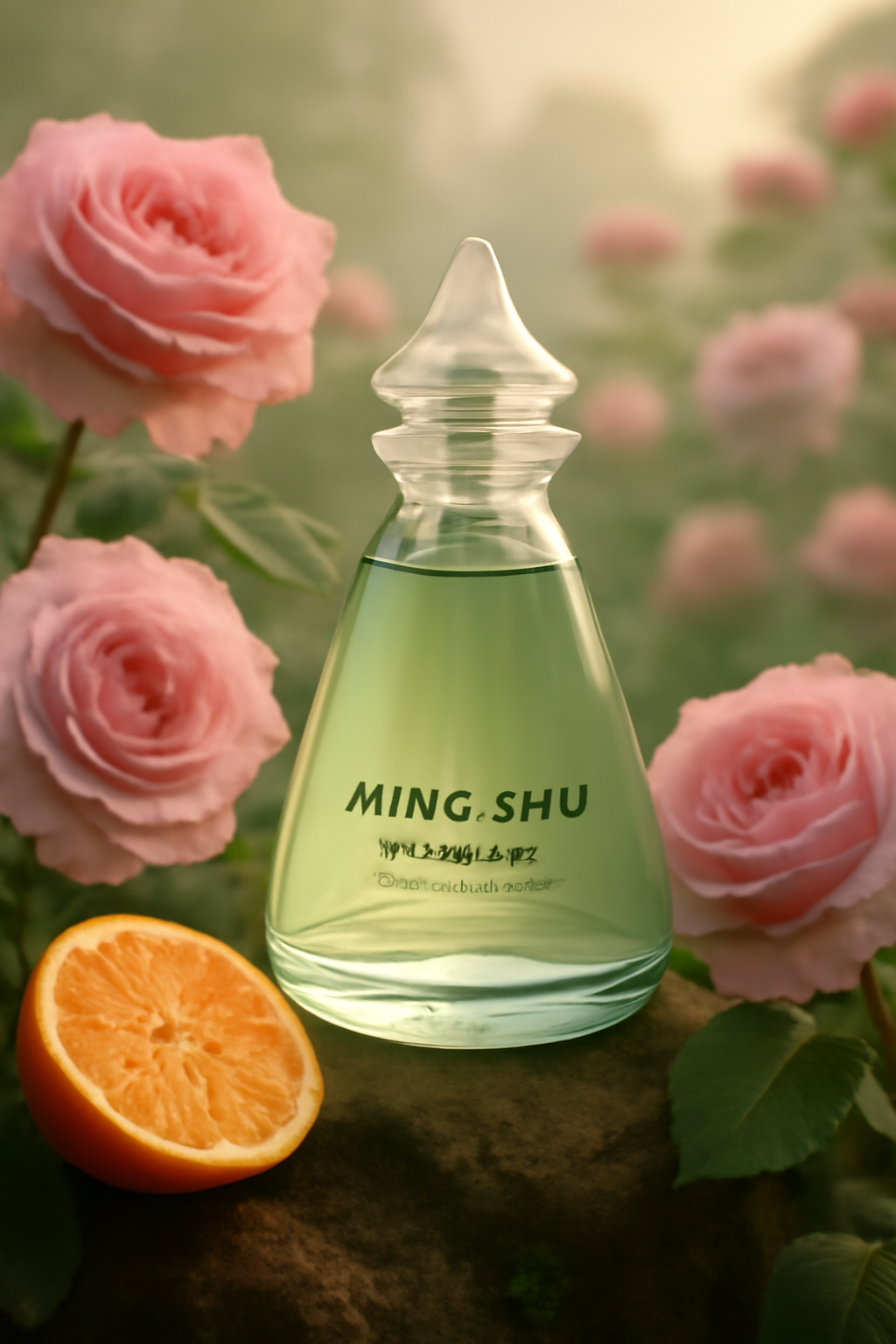 Yves Rocher Ming Shu Flakon auf einem Stein. Daneben liegt eine Orange und im Hintergrund sind viele rosafarbene Rosen, umgeben von Nebel.