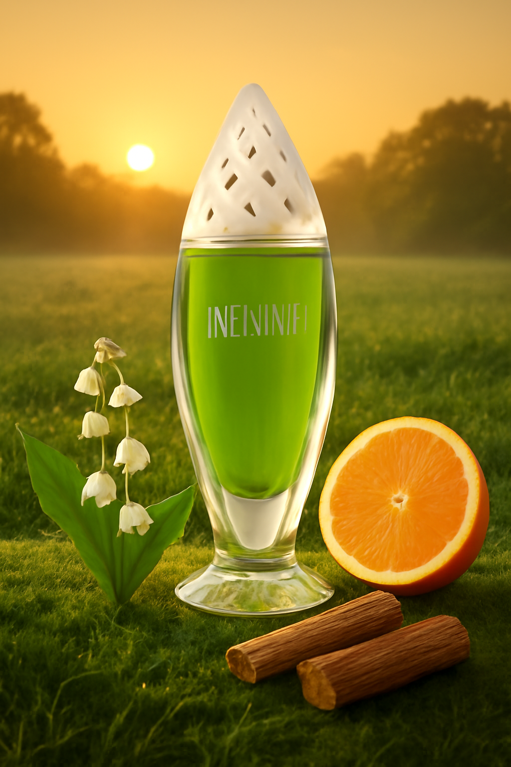 Yves Rocher Neblina L'Esprit de Neblima Flakon umgeben von einer Sommerwiese bei Sonnenuntergang. Maiglöckchen, eine halbe Orange und zwei Hölzer umgeben das Flakon.