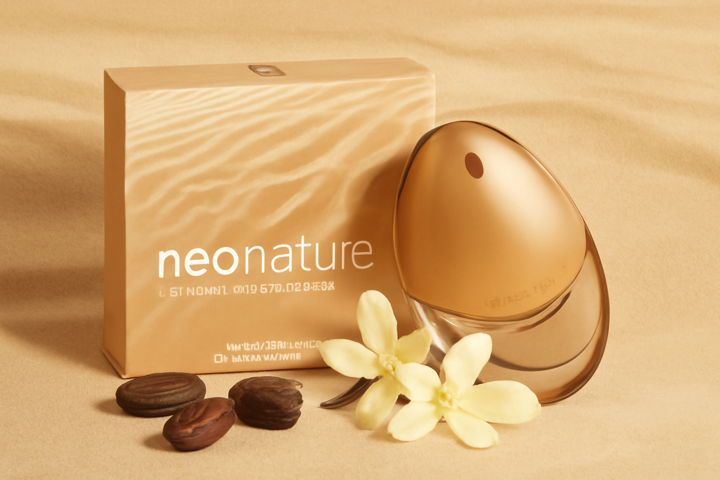 Yves Rocher Neonatura 50ml Eau De Parfum Flakon umgeben von Sand und mit Kaffeebohnen und Vanilleblüten verziert, während sich das Flakon leicht an die Verpackung anlehnt.