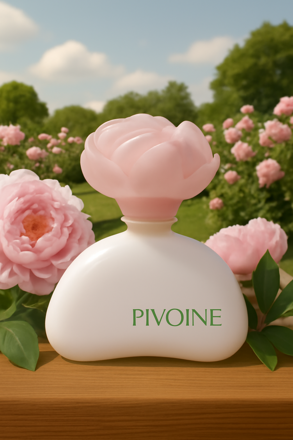 Yves Rocher Pivoine 60ml Parfum Flakon von Pfingstrosen umgeben und einem Rosengarten im Hintergrund.