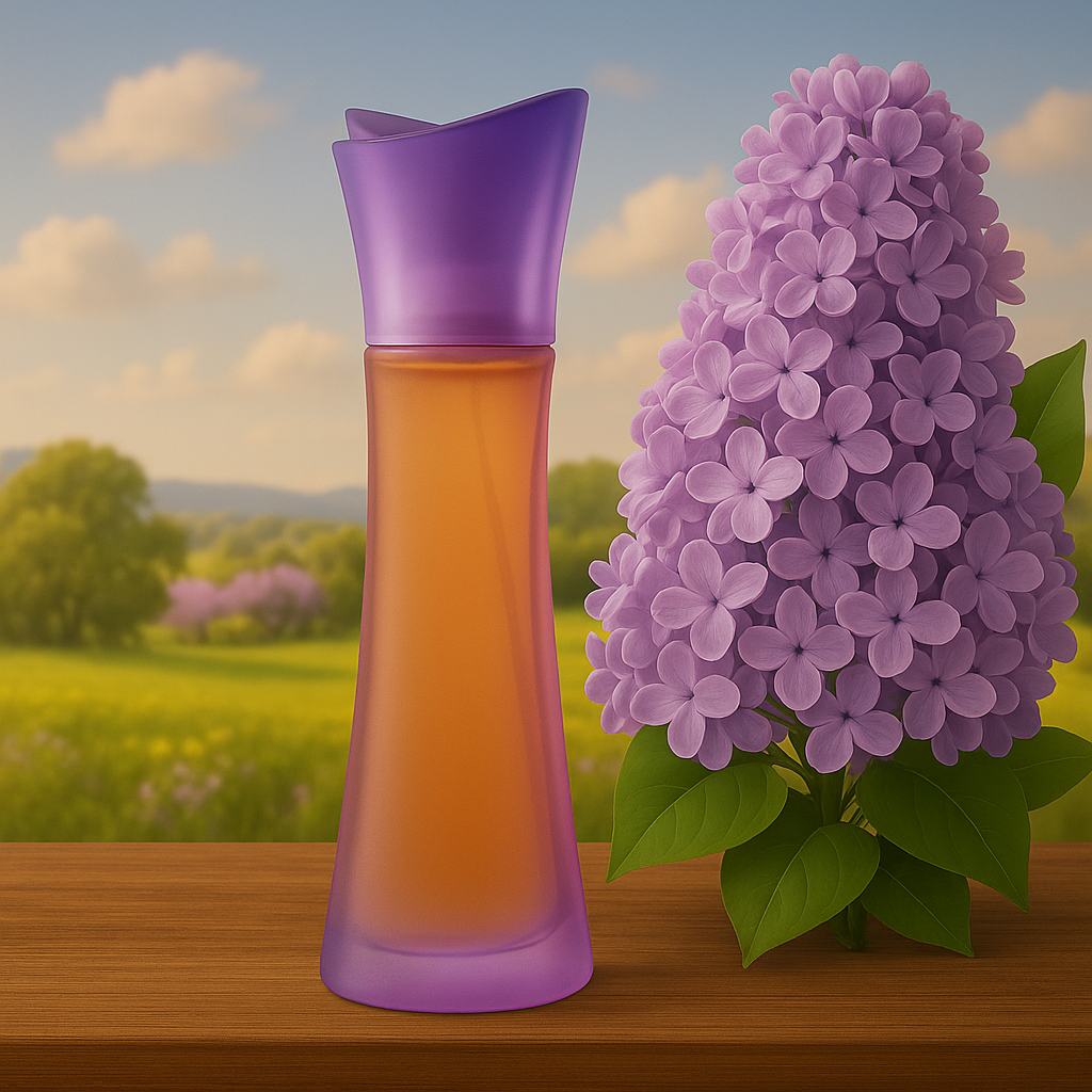 Eine Parfümflasche steht auf einem Holztisch neben einem blühenden Fliederbusch. Die schlanke Flasche hat einen Farbverlauf von Bernstein-Orange zu Violett und wird von weichem Licht eines Sonnenuntergangs umgeben. Im Hintergrund ist eine ruhige, grüne Landschaft mit Hügeln und vereinzelten Fliederbäumen zu sehen.