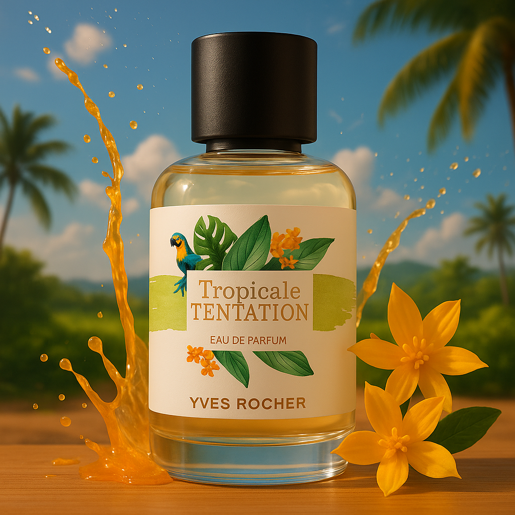 Ein rundes Parfümfläschchen von Yves Rocher mit schwarzem Deckel steht auf einem Holztisch vor einem tropischen Hintergrund mit Palmen und blauem Himmel. Auf dem Etikett ist der Name „Tropicale Tentation“ zu lesen, umrahmt von einem bunten Papagei, tropischen Blättern und gelben Blüten. Links spritzt orangefarbene Flüssigkeit dynamisch in die Luft, während rechts gelbe Blüten dekorativ am Flakon liegen.