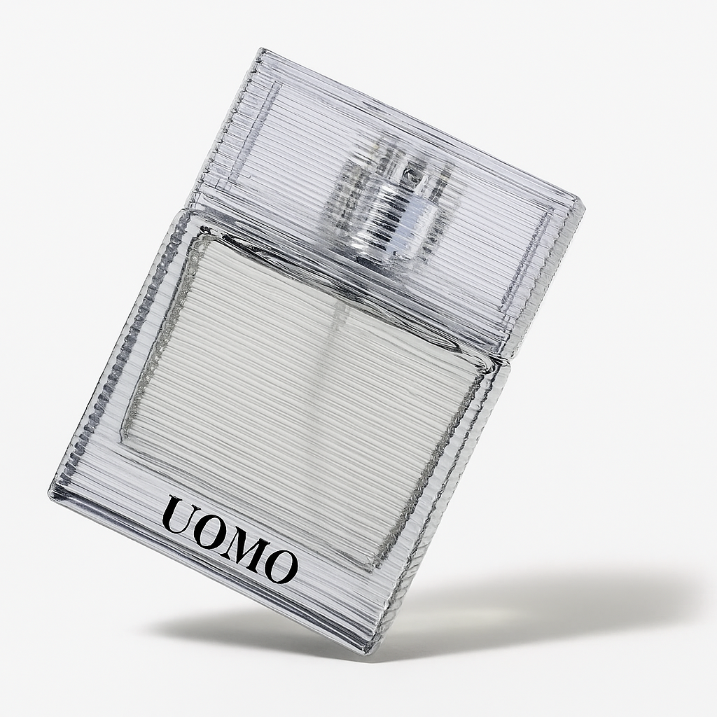 Zegna Uomo Flakon, leicht gekippt, auf weißem Hintergrund.