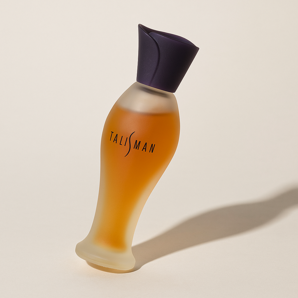 Ein Balenciaga Talisman Parfumflakon, leicht nach hinten gekippt, mit weichem natürlichem Schatten auf neutralem Hintergrund. Das elegante, taillierte Glasdesign ist mattiert und enthält bernsteinfarbenen Duft. Der violette Verschluss in Blütenform ist gut sichtbar, ebenso die schwarze Aufschrift „TALISMAN“ auf der Vorderseite.