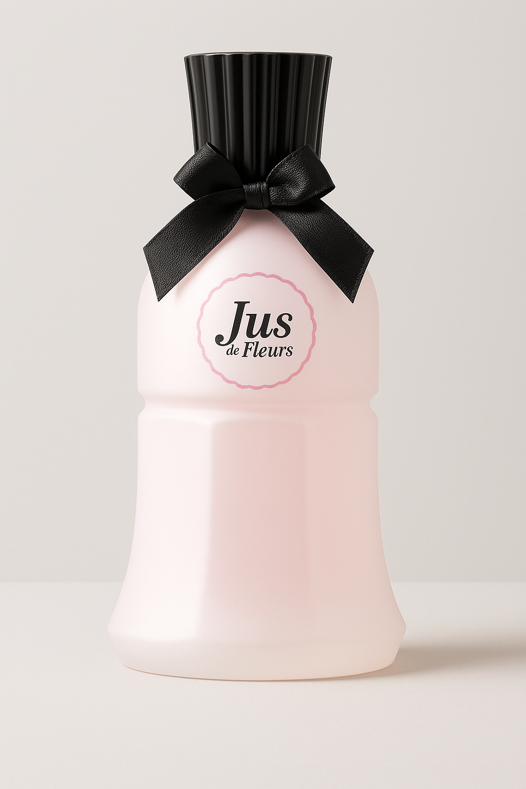 100-ml-Flakon des Blumarine Blugirl Jus de Fleurs Eau de Toilette. Das Flakon ist in zartem Rosa gehalten, mit einem eleganten, leicht taillierten Design und einer schwarzen Schleife am Hals. Der Hintergrund ist neutral und kontrastreich, um das Parfumflakon klar hervorzuheben.