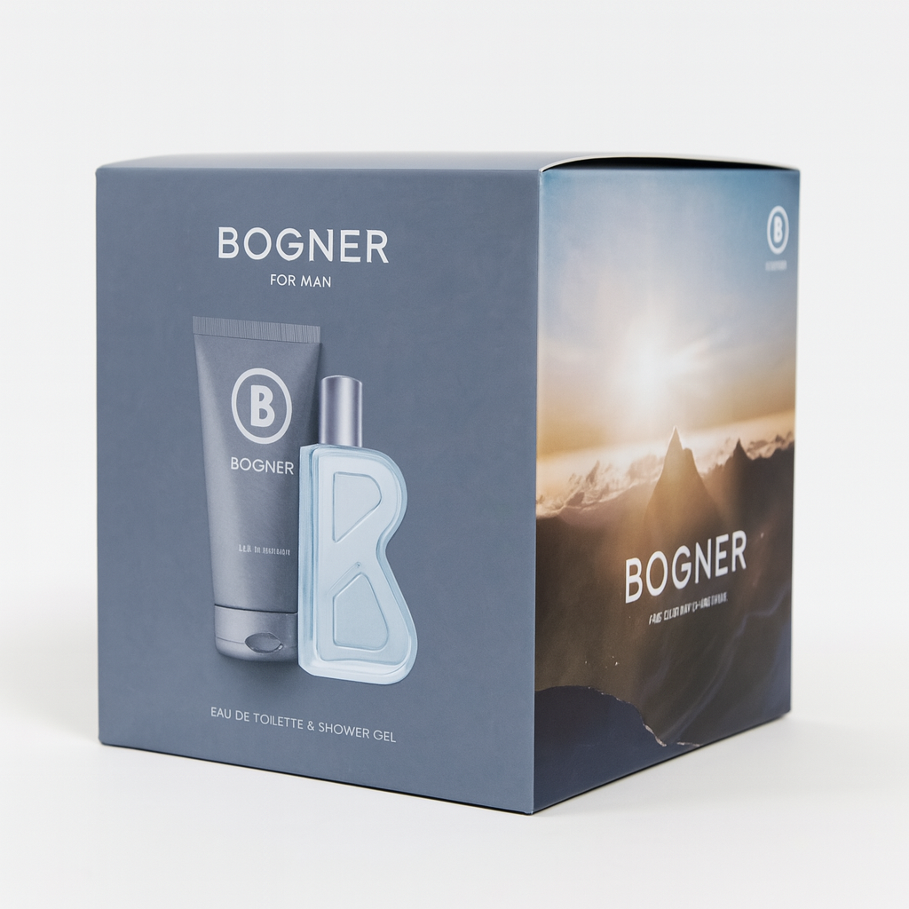 Ein leicht schräg fotografiertes Bogner-Geschenkset für Herren. Das Set enthält ein Eau de Toilette und ein Duschgel. Die Verpackung ist in einem dunklen Blau-Grau gehalten. Auf der linken Seite ist das Produkt selbst abgebildet – ein schlichtes, modernes Flakon in B-Form neben einer Tube. Die rechte Seite der Box zeigt ein stimmungsvolles Bergpanorama im Sonnenaufgang mit dem weißen Schriftzug „BOGNER – The B Fragrance for Men“. Der Hintergrund ist weiß, der Karton wirft einen dezenten, natürlichen Schatte