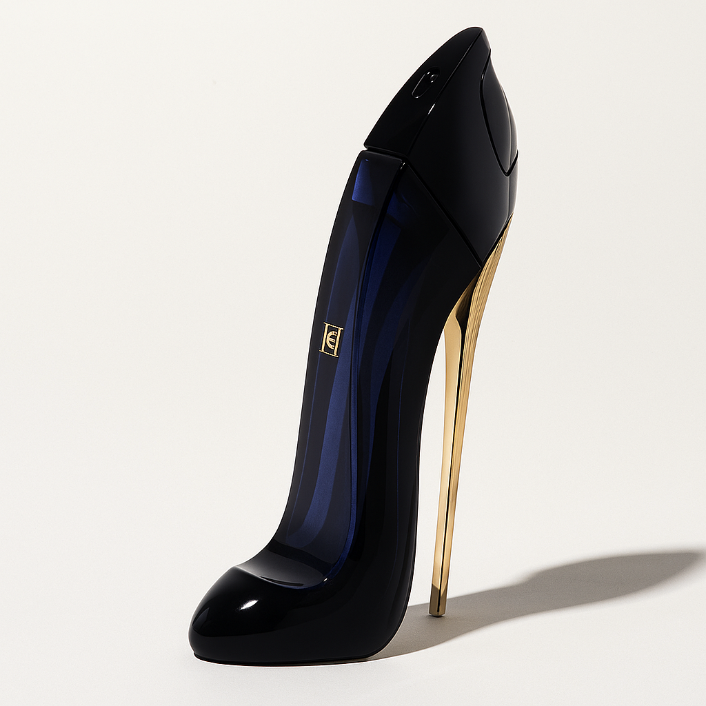 Ein elegantes Parfumflakon in Form eines schwarzen High Heels mit goldener Stiletto-Ferse, leicht seitlich gekippt, vor neutralem Hintergrund. Das Design kombiniert glänzendes Schwarz mit tiefem Blau und luxuriösem Gold.