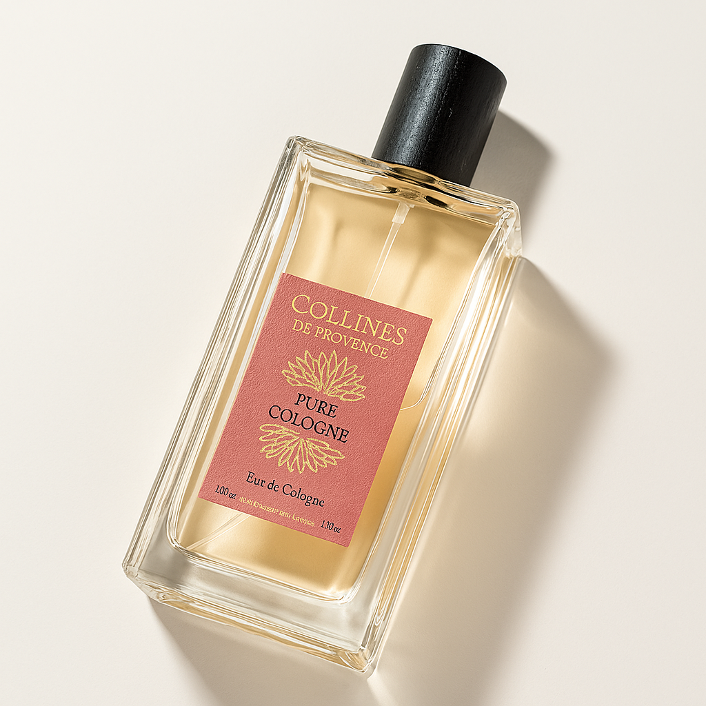 Ein rechteckiges Glasflakon des Parfums "Collines de Provence Pure Cologne" liegt leicht schräg auf einer neutralen Oberfläche. Das Etikett ist in Altrosa mit goldener Schrift gestaltet. Der schwarze Deckel wirft einen weichen Schatten, der dem Bild Tiefe verleiht.