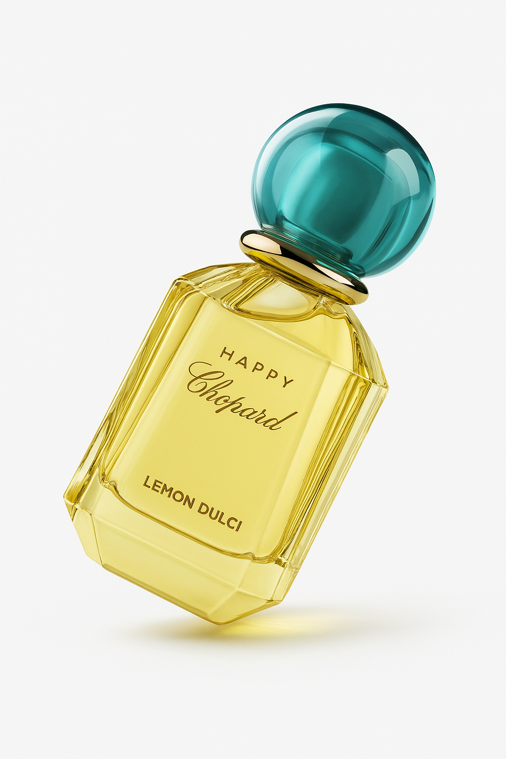 Happy Chopard Lemon Dulci Flakon, leicht gekippt, auf weißem Hintergrund.