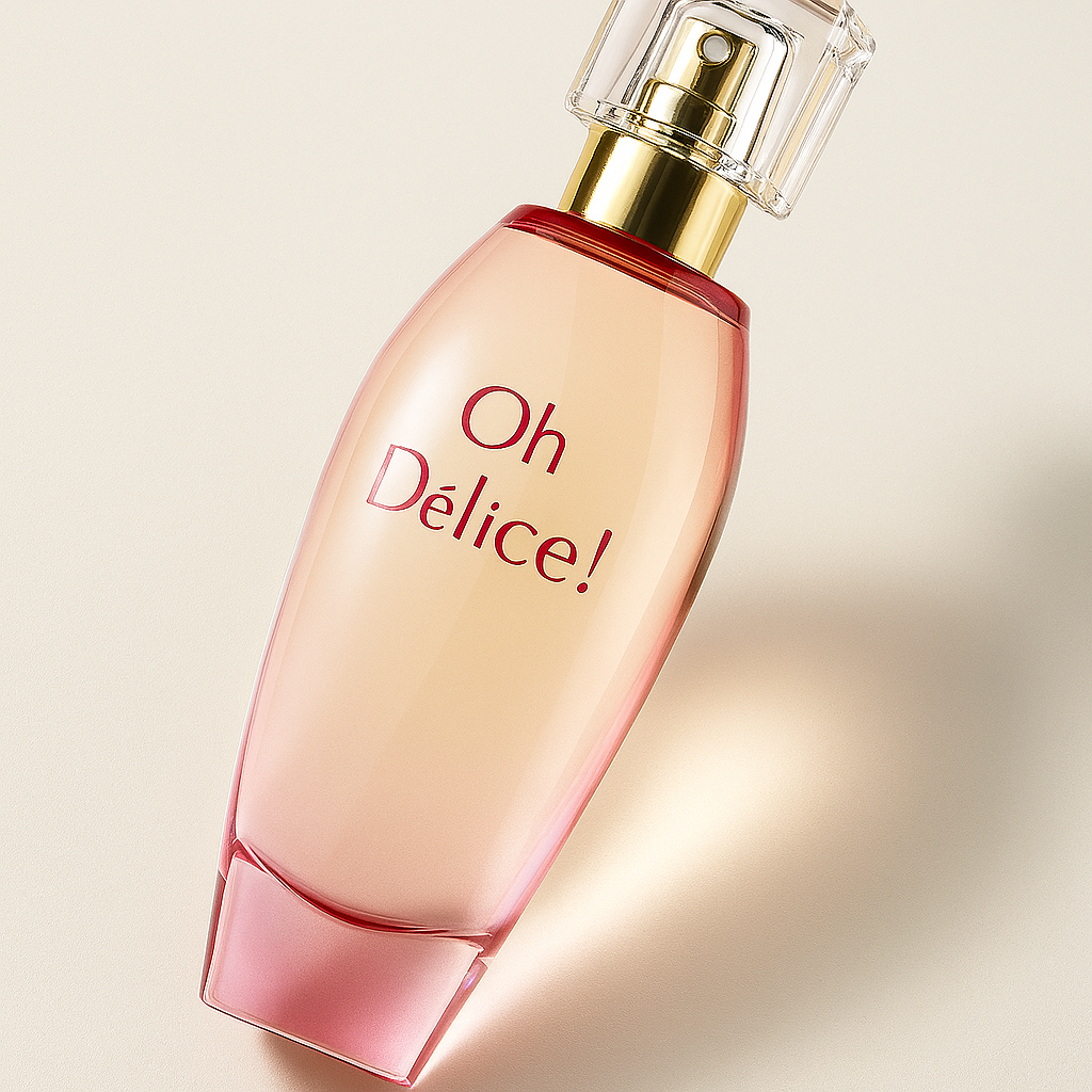 Ein leicht nach hinten gekipptes Parfumflakon des Duftes „Oh Délice!“ in einem zarten Farbverlauf von Rosa zu klarem Glas, mit goldener Sprühkappe und transparenter Verschlusskappe. Das Flakon steht auf einem neutralen Untergrund und wirft einen weichen, natürlichen Schatten.