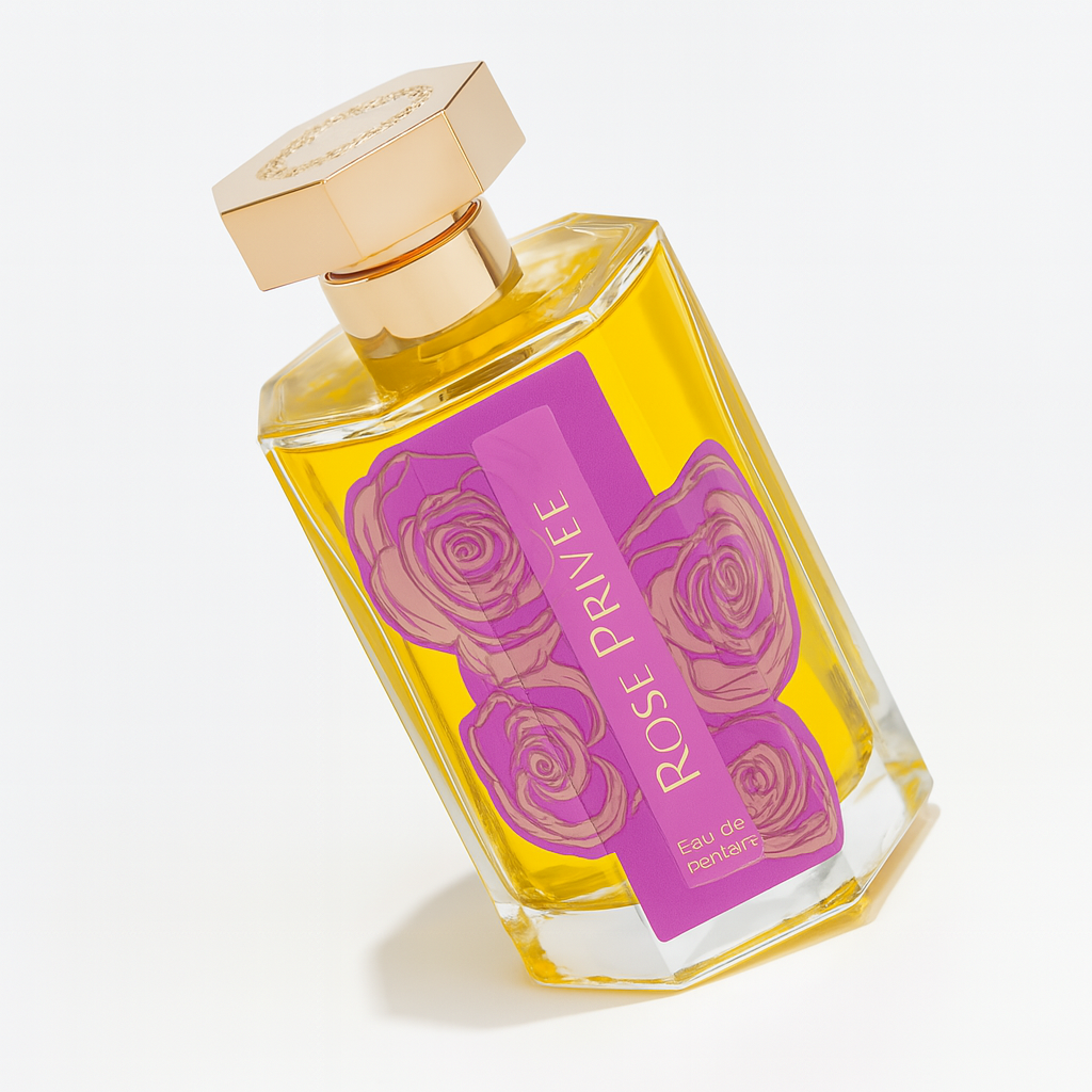 Ein luxuriöser Flakon des Parfums „Rose Privée Eau de Parfum“ liegt leicht seitlich geneigt auf einem neutral weißen Hintergrund. Der sechseckige Glasflakon enthält eine intensiv goldgelbe Flüssigkeit. Ein lilafarbenes Etikett mit rosafarbenen Rosenzeichnungen und goldener Schrift ziert die Vorderseite. Die Verschlusskappe ist goldfarben und sechseckig.