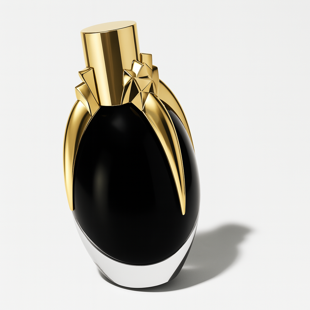 Ein eleganter, eiförmiger Parfumflakon mit glänzend schwarzem Körper, verziert mit goldenen, krallenartigen Elementen und einem goldenen Zylinderdeckel. Das Flakon steht leicht zur Seite geneigt auf einer neutralen, hellen Fläche mit weichem Schattenwurf.