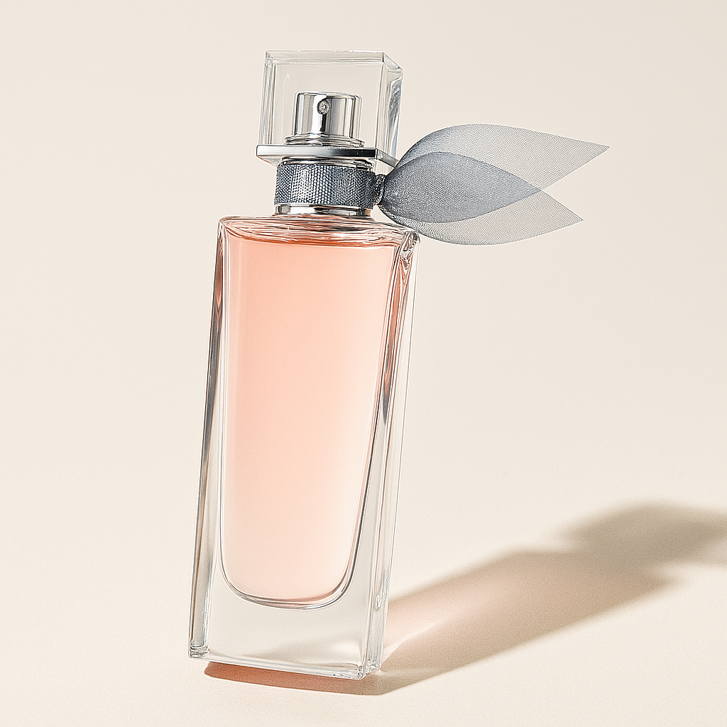 Ein rechteckiger Parfumflakon mit roséfarbener Flüssigkeit steht leicht nach hinten geneigt auf hellem Hintergrund. Der Flakon ist transparent, mit silbernem Sprühkopf, transparentem Deckel und einer grauen Schleife um den Hals. Ein weicher Schatten fällt nach rechts unten.