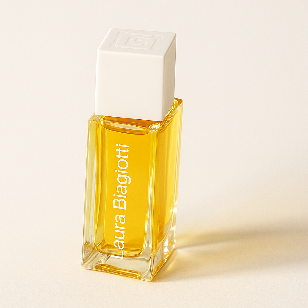 Ein elegantes, rechteckiges Miniatur-Parfumflakon von Laura Biagiotti mit klaren Kanten, gefüllt mit goldenem Duft. Der weiße, quadratische Deckel sitzt gerade auf dem Flakon, das aufrecht auf einem neutralen, hellen Hintergrund steht. Der Schriftzug „Laura Biagiotti“ ist vertikal in Weiß auf der Vorderseite des Glasflakons zu sehen. Das Parfum wirft einen weichen, natürlichen Schatten.
