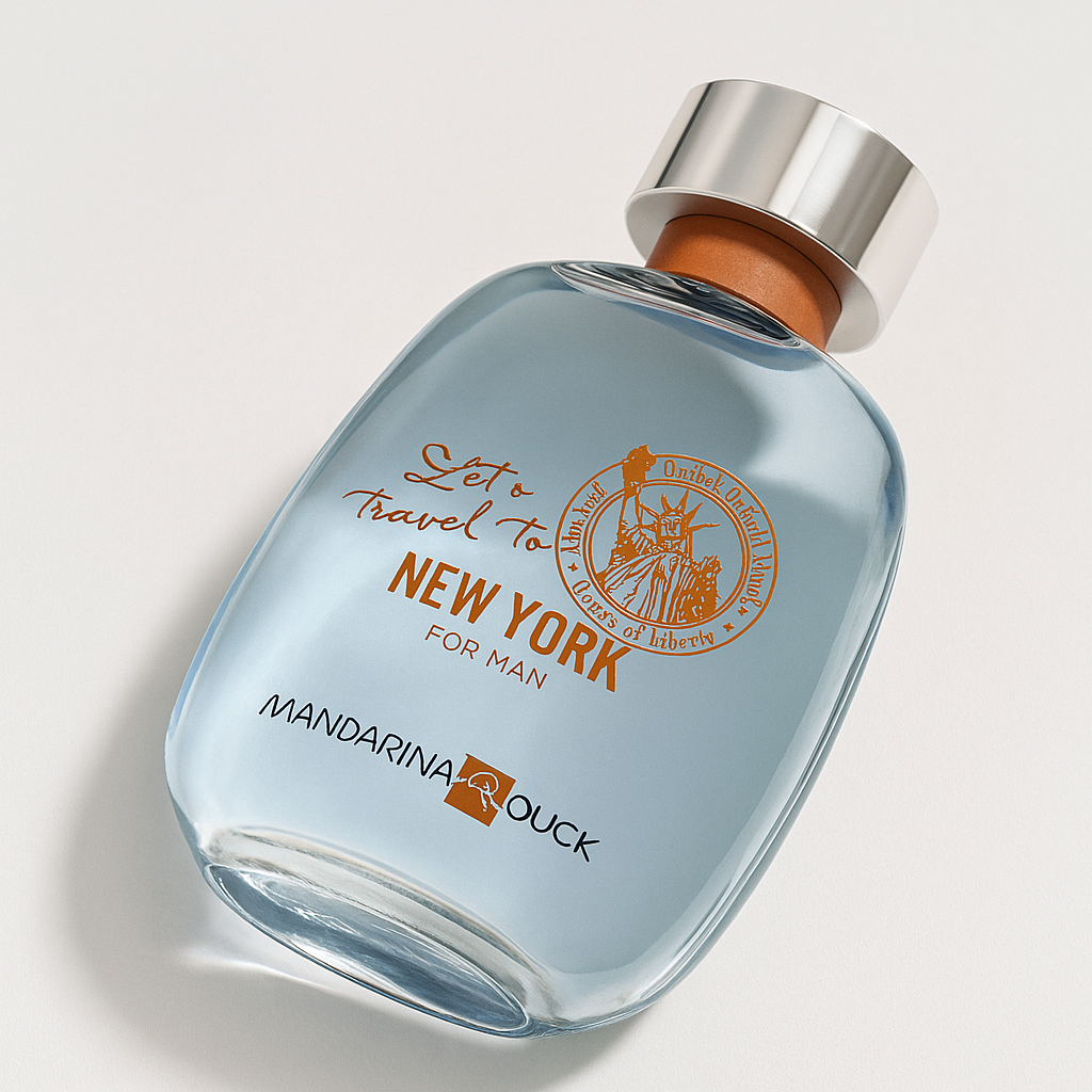 Ein Parfumflakon liegt leicht zur Seite geneigt auf einem hellen, neutralen Hintergrund. Das Flakon ist transparent, mit hellblauer Flüssigkeit gefüllt und trägt orangene Aufschrift „Let’s Travel To New York For Man“ mit einer Statue-of-Liberty-Grafik. Ein weicher Schatten fällt nach links unten.
